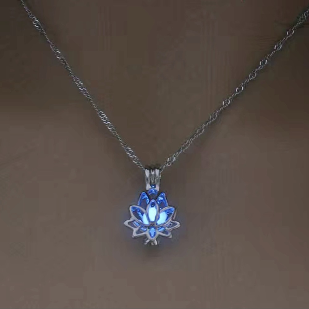 Blue Lotus Necklace with Glow-In-The-Dark Bead – Delicate & Dreamy